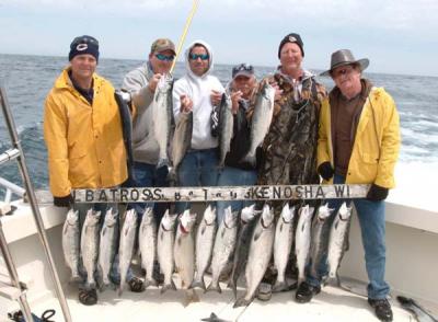 Kenosha Wisconsin Charter Fishing Photo Album We hope you enjoy our Charter Fishing Photo Album and we invite you to return often to see the new images that we add throughout the season! Even better - contact us and let's go fishing! CLICK on any image below to enlarge the photo! 47 Salmon and Trout in two days in Rough Water no Problem the Vking Yachts in the Albatross Fleet June 6th and 7th 2009 47 fish out of the Port of Kenosha WI Rough weather...NO problem for the Charter Boats in the Albatross Fleet! These guys in the photo above caught 47 Salmon and Trout in 2 days June 6th and June 7th 2009. In 3 to 4ft seas Aboard the 40ft Viking " LuAnn Kay" out of the Port of Kenosha